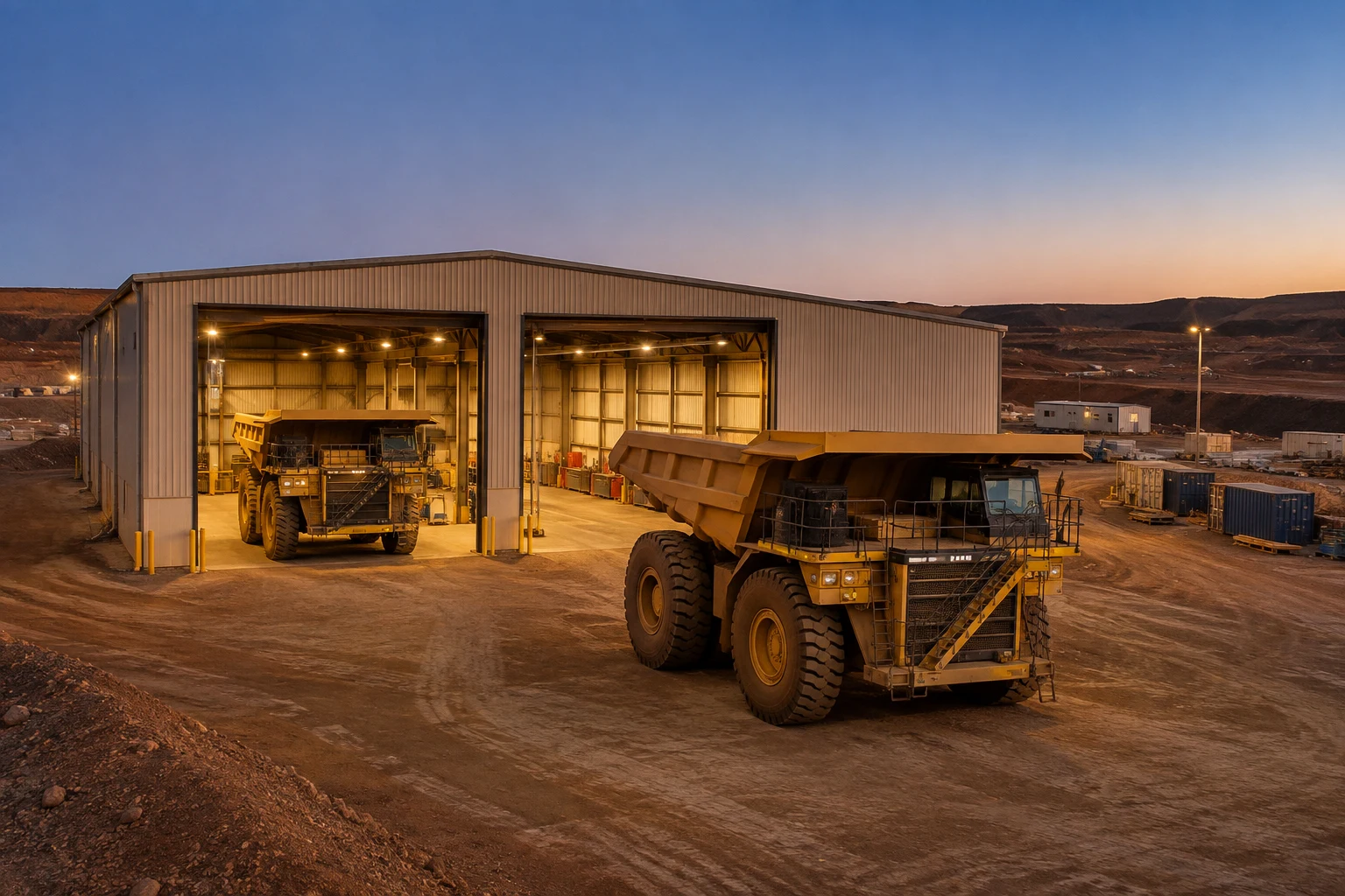 Illustrative haul truck maintenance facility at dusk